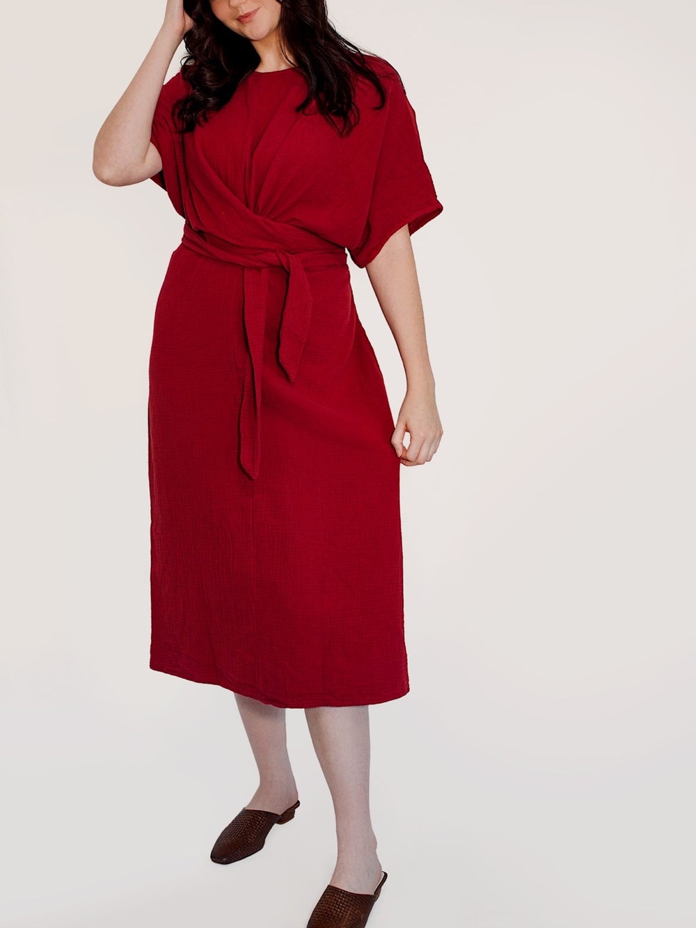 Suunday The Dolman Dress in Garnet Cotton Gauze Midi NWT